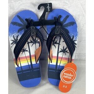 Wonder Nation Palm Tree Design Flip Flops Unisex Boys Girls Blue Size 2/3 NEW